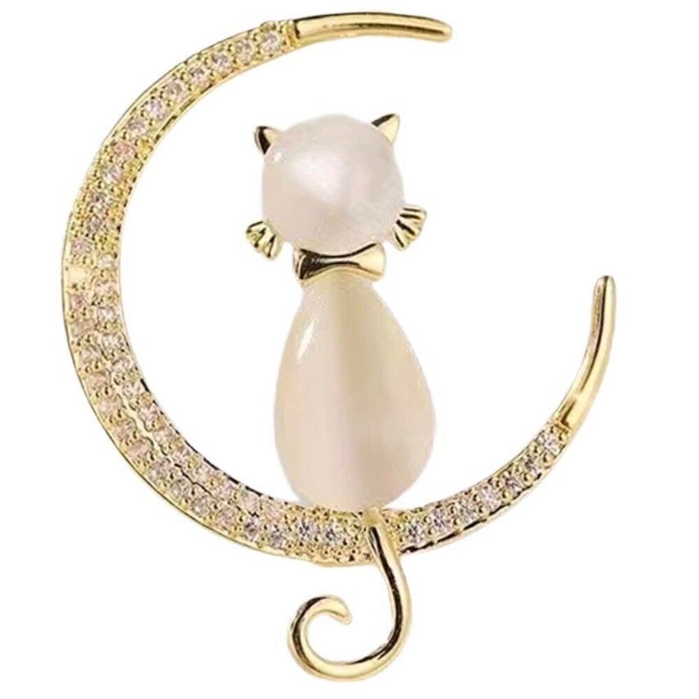 Cats Eye Rhinestone Crescent Moon Gold Brooch Womens Girls Casual Pin New